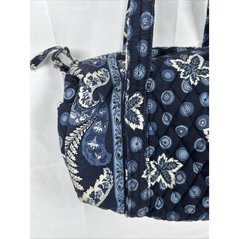Vtg Vera Bradley Small Blue Duffel Bag Quilted Made in USA Leaf Paisley White